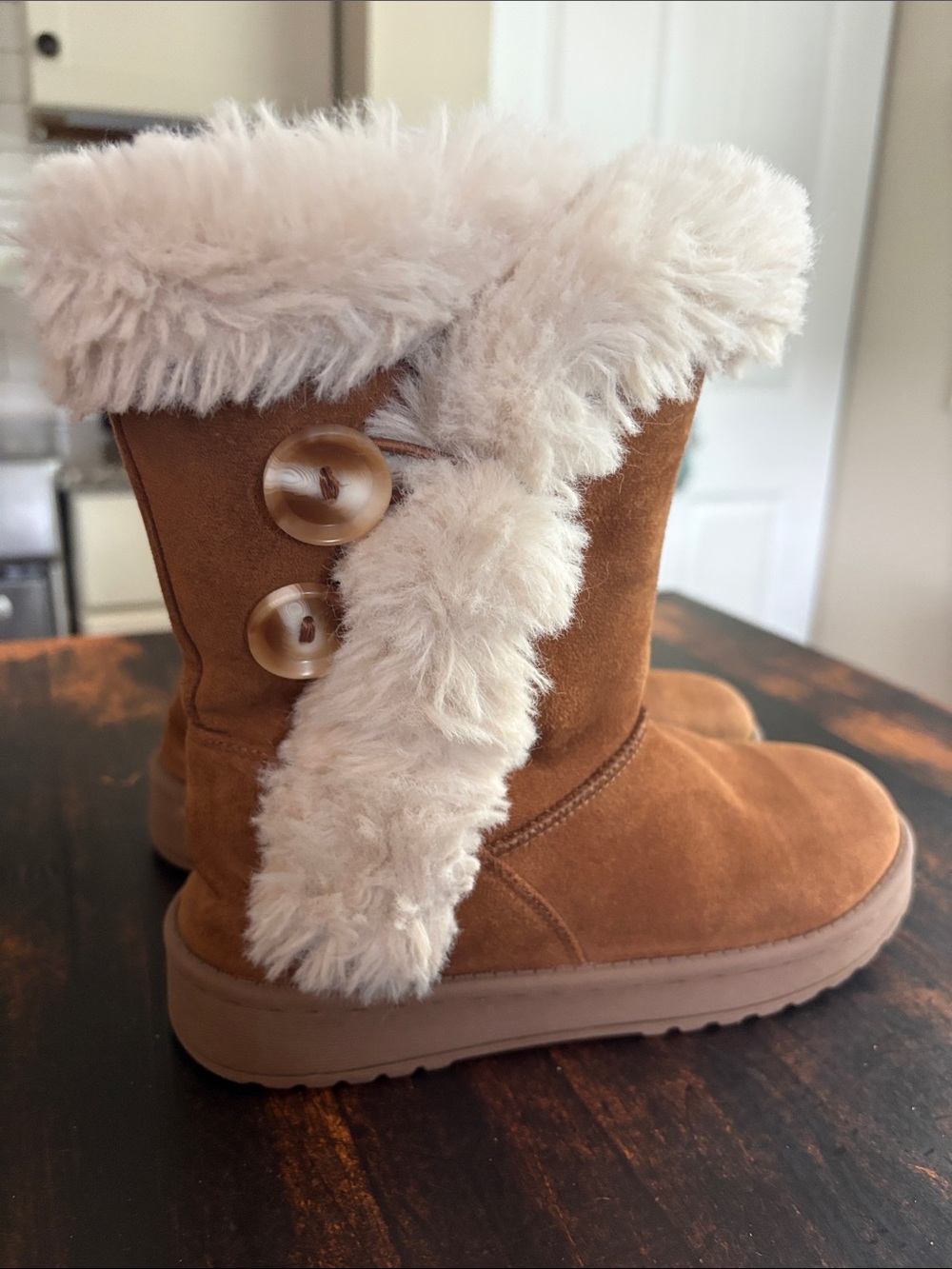 Kids Faux-Suede Buttoned Winter Boots in Chestnut with Cream Fur